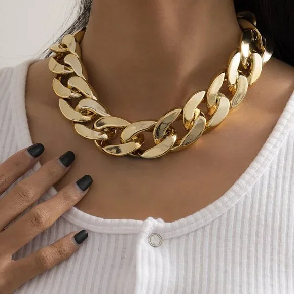 Acrylic Gold Chunky Chain Necklace Earrings Set for Women,Punk Short Thick Wide - Picture 2 of 9